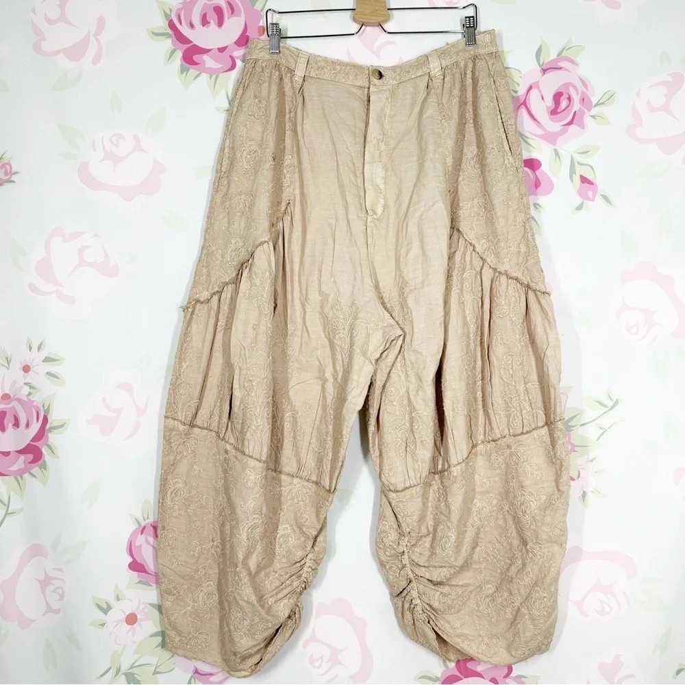 NEW Free People Easy Love Embroidered Pull On Bleached Sand Mid Rise Pants XL